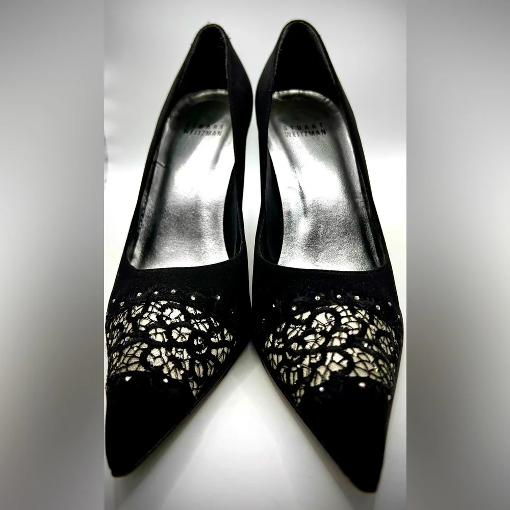 Beautiful Stuart Weitzman Formal Evening Pumps, Black, with Crystals & Lace, 7M